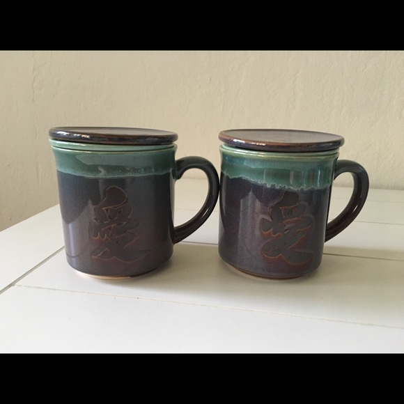 Kotobuki Japanese Ceramic Tea Mugs With Strainer Set of 2 Blue Purple Green - Picture 4 of 8
